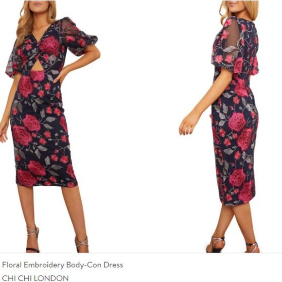 Floral Embroidery Body-Con Dress CHI CHI LONDON UK 12 / US 8 - Picture 1 of 7